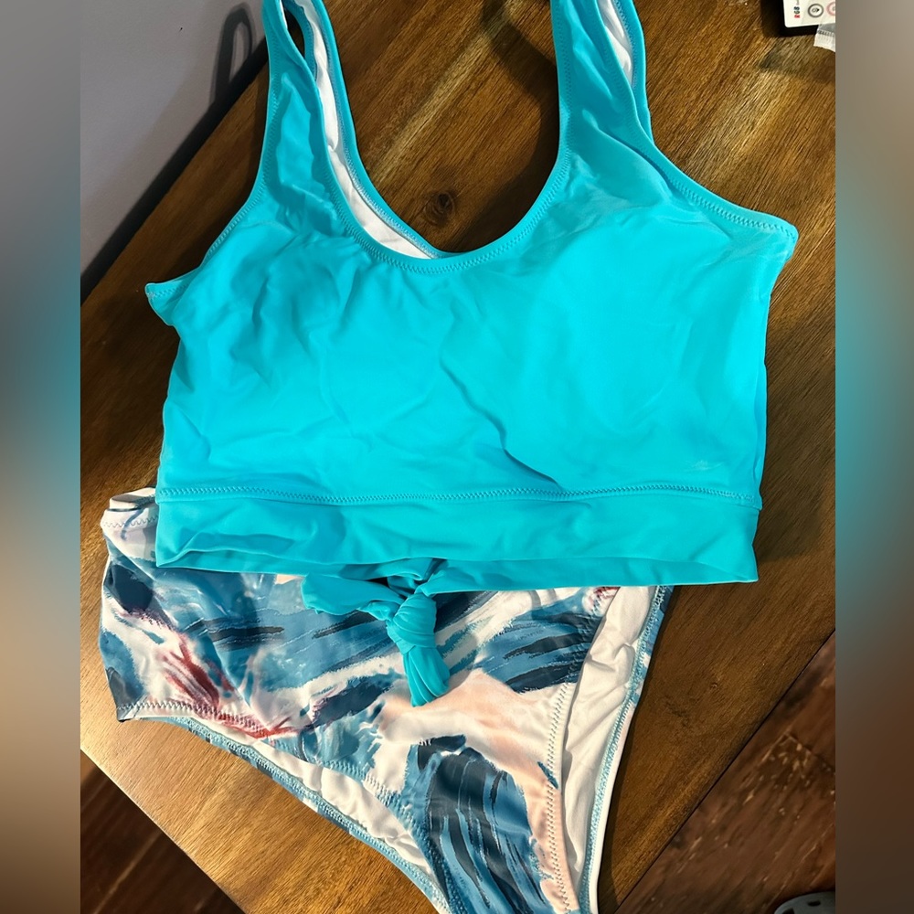 Teal blue two piece swim suit